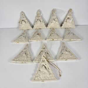 Vtg Bisque‎ Ceramic Hanging Christmas Tree Ornament Nativity Scene New Set Of 12